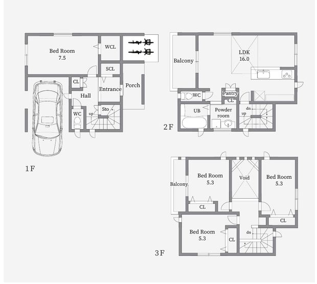一般的な3階建てプランの間取り図